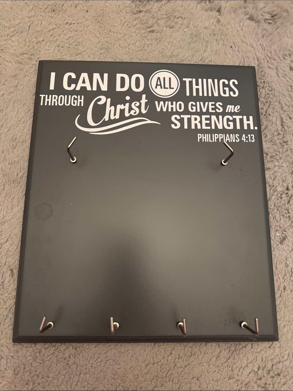 Charcoal "I Can Do All Things Through Christ" Wall Key or race tag/medal Holder